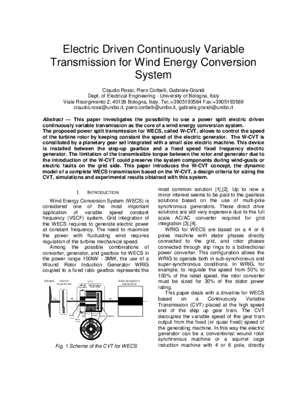 (PDF) Electric Driven Continuously Variable Transmission for Wind ...