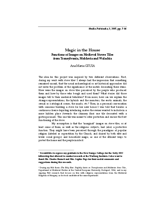 Magic in the House Functions of Images on Medieval Stoves Tiles from Transylvania, Moldavia and Walachia