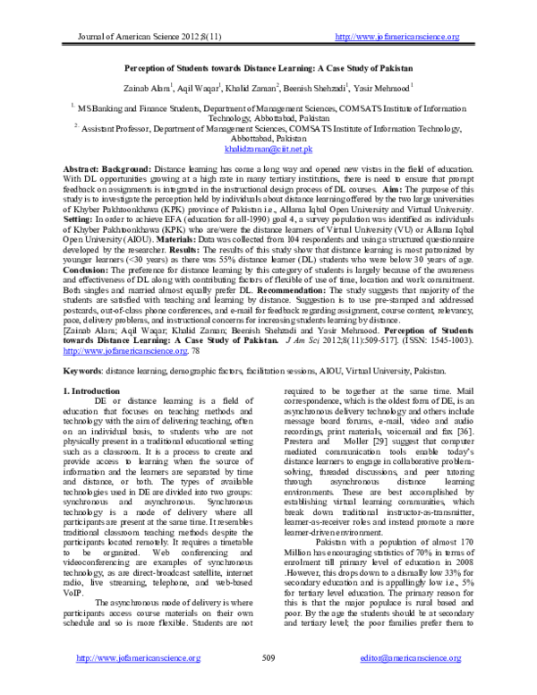 (PDF) Perception of Students towards Distance Learning: A Case Study of ...