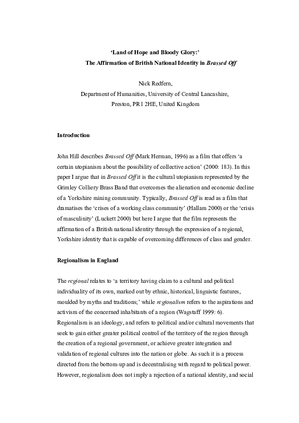 (DOC) “Land of Hope and Bloody Glory” Region and Nation in Brassed Off