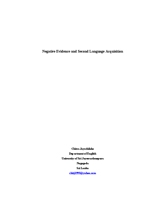 (DOC) Negative Evidence and Second Lanaguage Acqusition