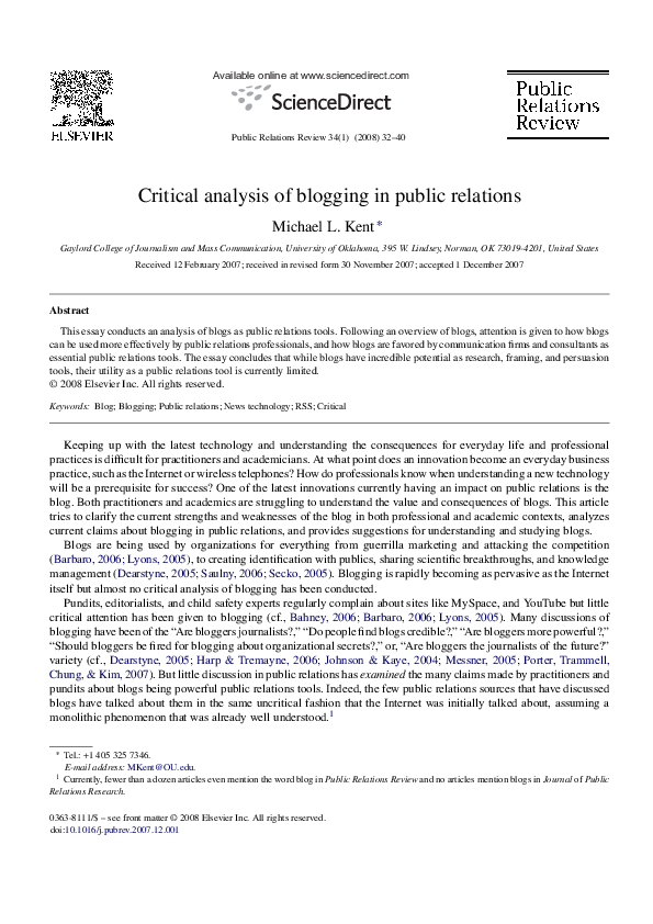(PDF) Critical analysis of blogging in public relations.
