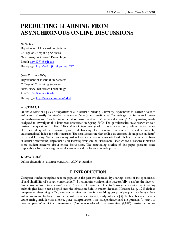 (PDF) Predicting learning from asynchronous online discussions