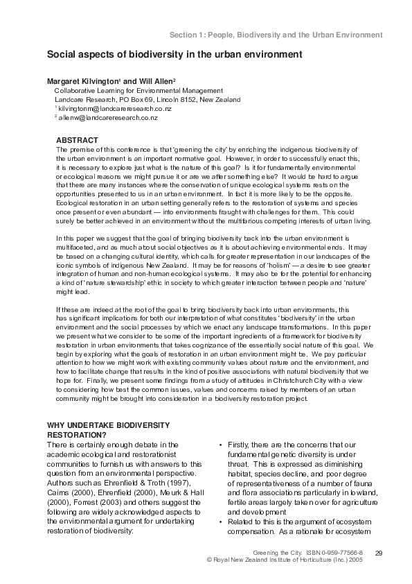 (PDF) Social aspects of biodiversity in the urban environment