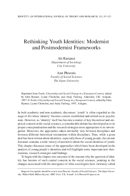 (PDF) Rethinking youth identities: Modernist and postmodernist frameworks