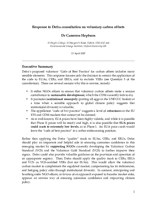 Response to Defra consultation on voluntary carbon offsets