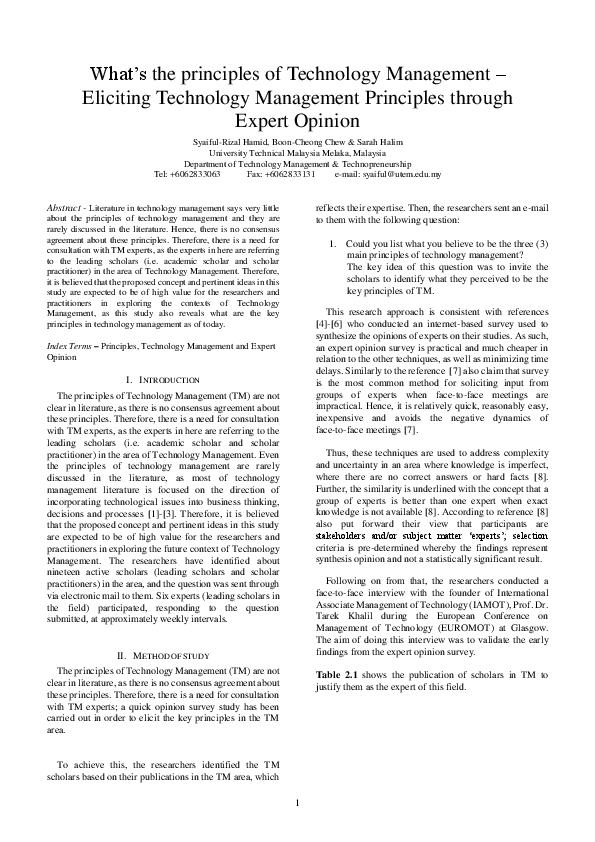 (PDF) What's the Principles of Technology Management–Eliciting ...