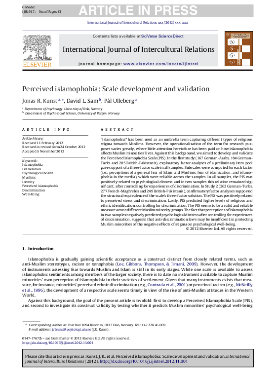 (PDF) Perceived islamophobia: Scale development and validation