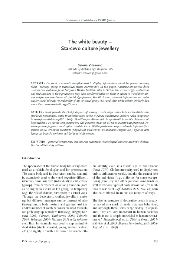 Pdf The White Beauty Starcevo Culture Jewellery Selena Vitezovic Academia Edu