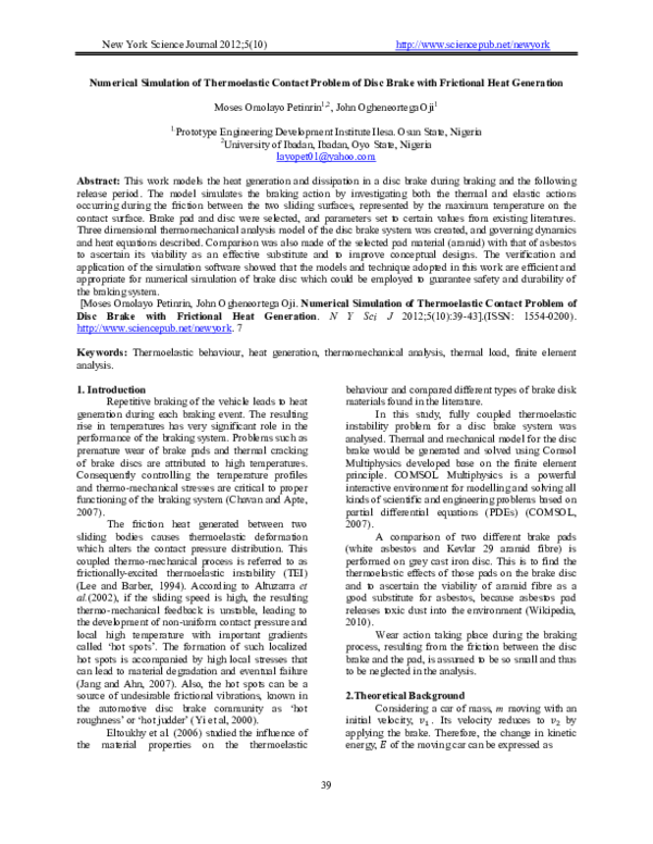 (PDF) Numerical Simulation of Thermoelastic Contact Problem of Disc ...