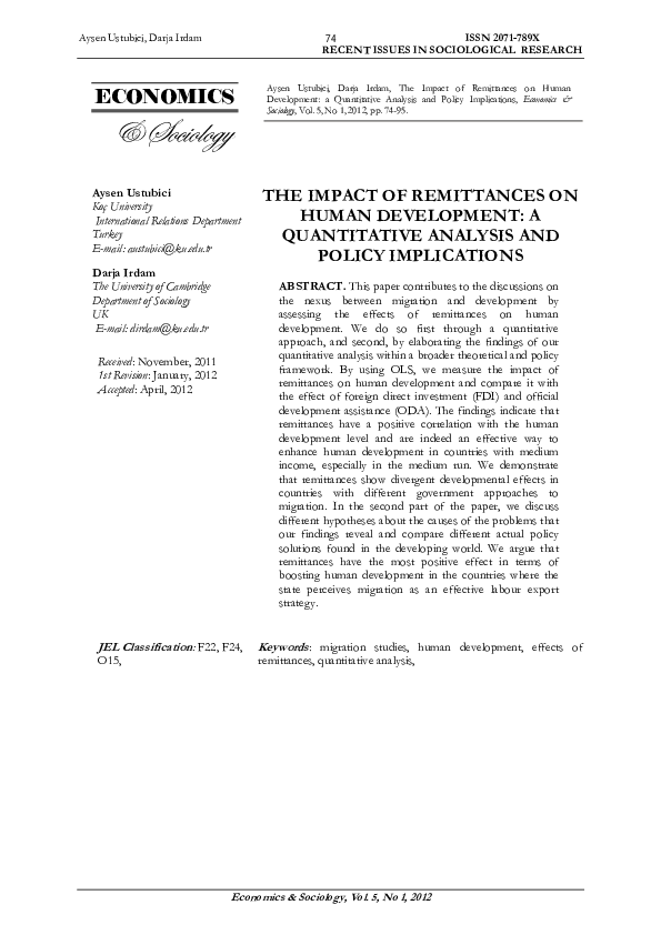 (PDF) The Impact of Remittances on Human Development: a Quantitative ...
