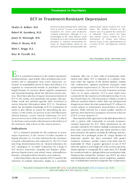 (PDF) ECT in TreatmentResistant Depression Ethan O Bryson Academia.edu