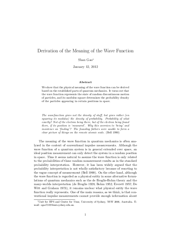 (PDF) Derivation of the Meaning of the Wave Function