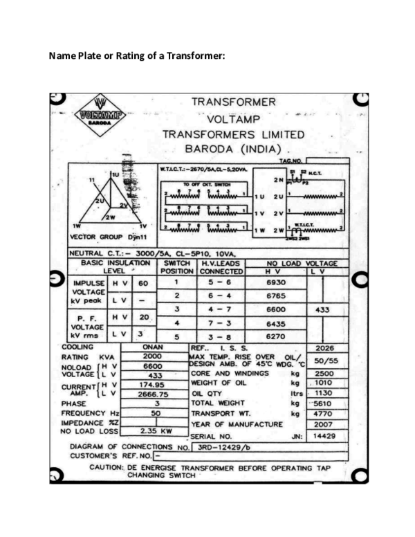(PDF) Name Plate or Rating of a Transformer