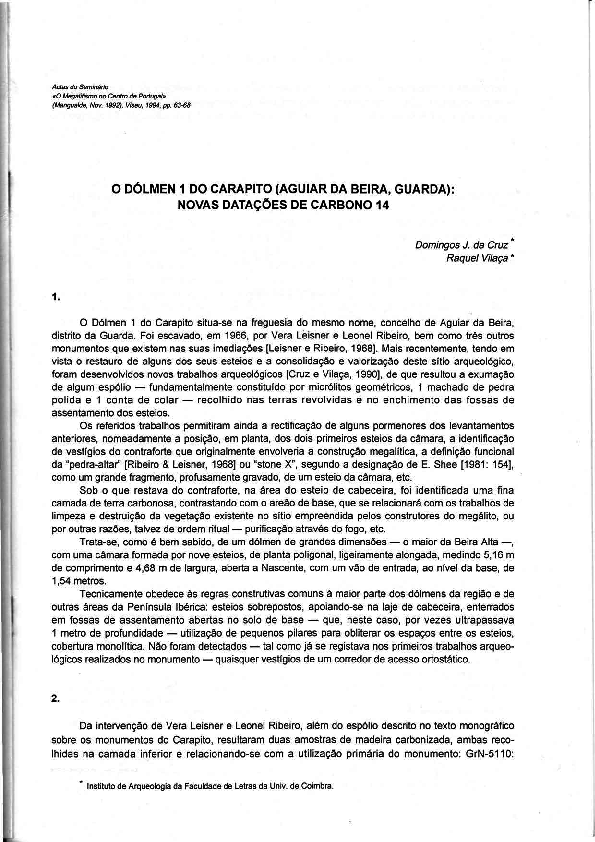 Pdf O Dolmen 1 Do Carapito Aguiar Da Beira Guarda Novas Datacoes De Carbono 14 Raquel Vilaca Academia Edu