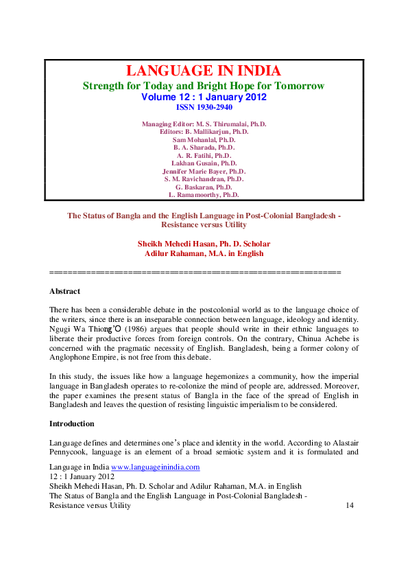 (PDF) The Status of Bangla and the English Language in PostColonial Bangladesh Resistance