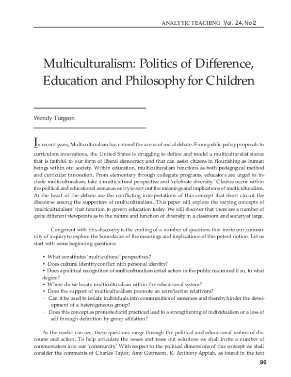 (PDF) Multiculturalism: Politics of Difference, Education and ...