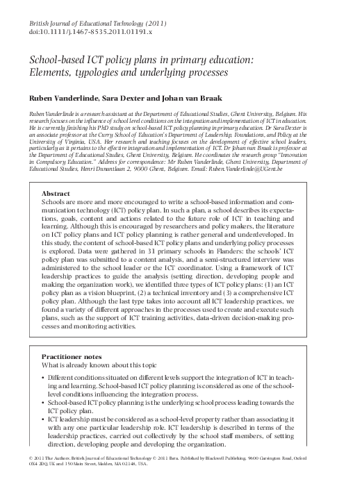 (PDF) School-based ICT policy plans in primary education: Elements ...