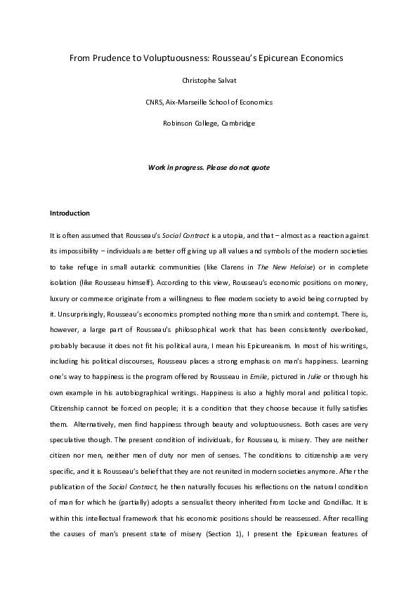 (PDF) From Prudence to Voluptuousness Rousseau's Epicurean Economics