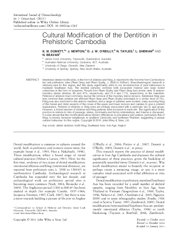 Pdf Cultural Modification Of The Dentition In Prehistoric Cambodia Nancy Beavan Academia Edu