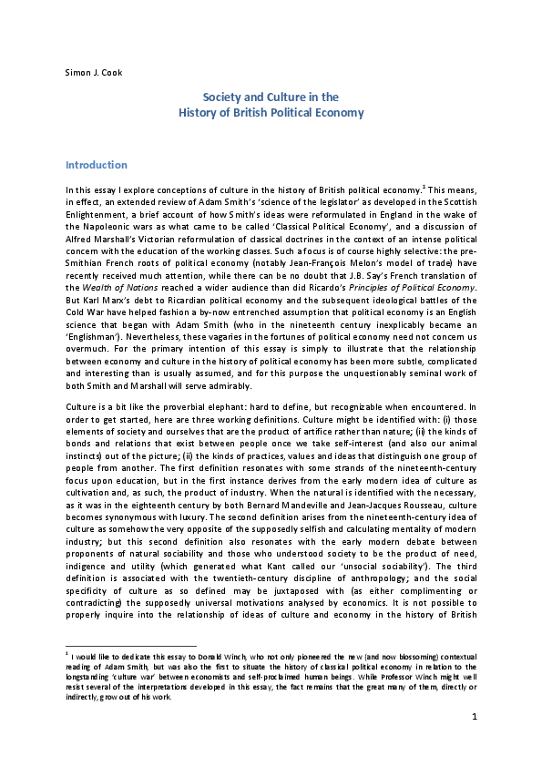 Culture & Political Economy: Adam Smith & Alfred Marshall