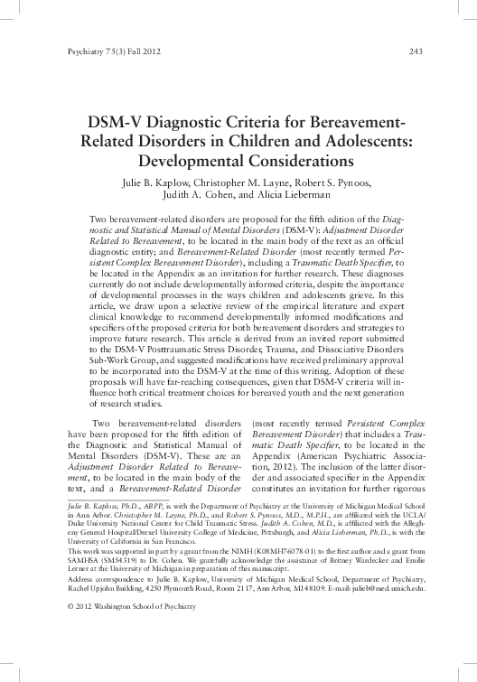 (PDF) DSM-V Diagnostic Criteria for Bereavement-Related Disorders in ...
