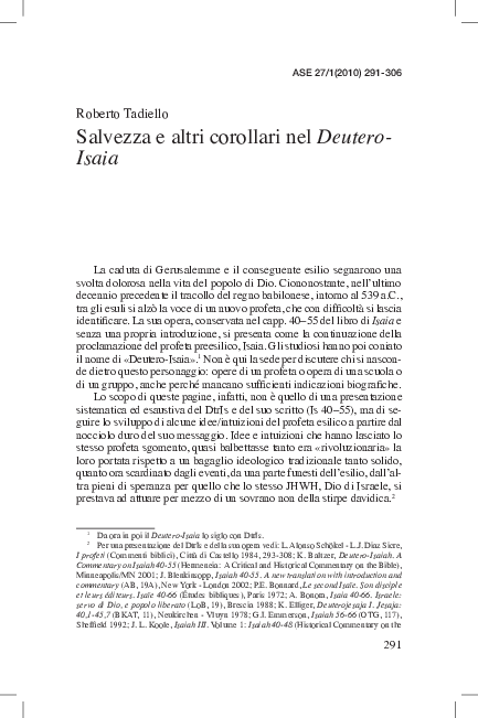 (PDF) Salvezza e altri corollari nel Deutero-Isaia [ASE 27/1(2010) 291-306]