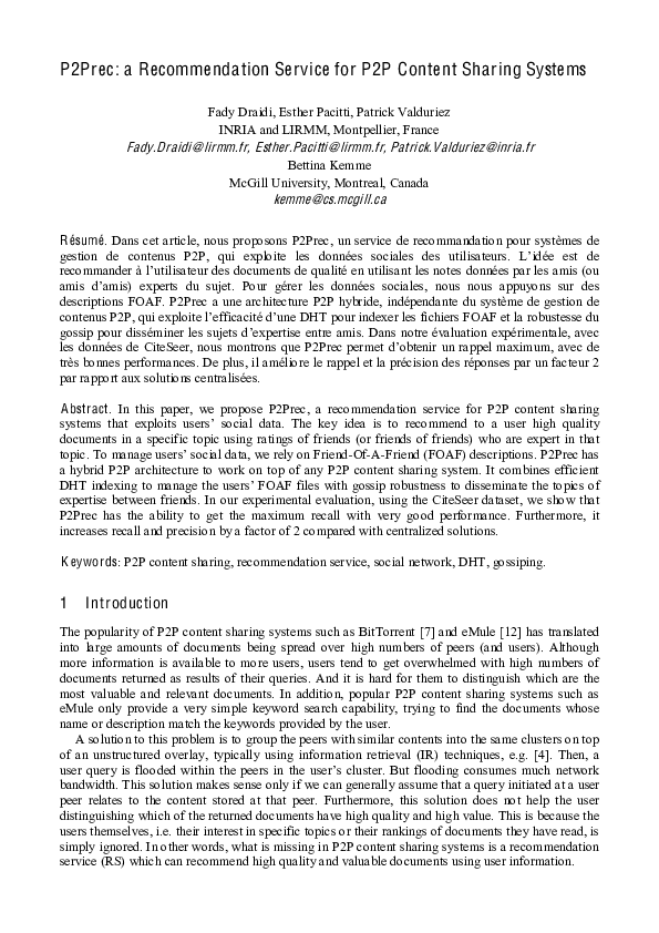 (PDF) P2Prec: a Recommendation Service for P2P Content Sharing Systems