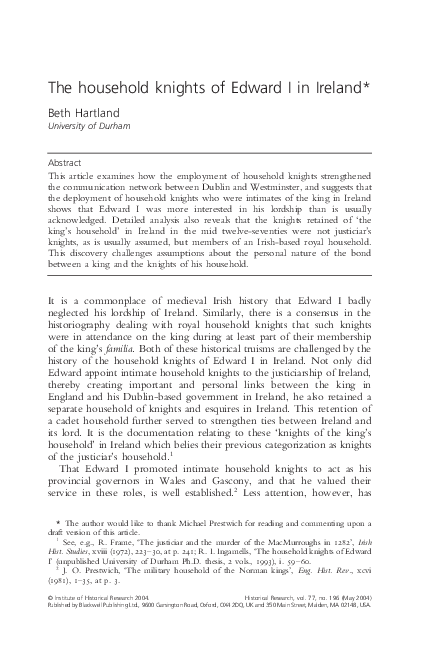 The Household Knights of Edward I in Ireland