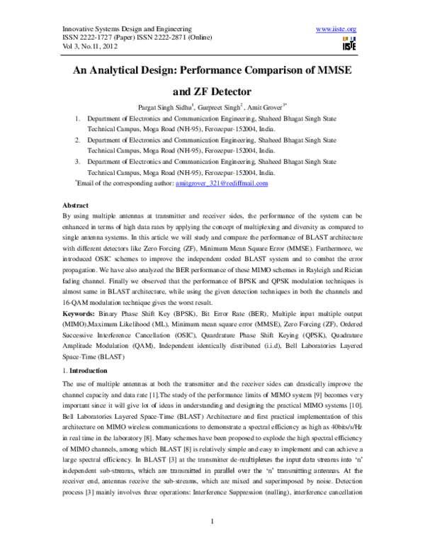 (PDF) An Analytical Design: Performance Comparison of V-BLAST MMSE and ...