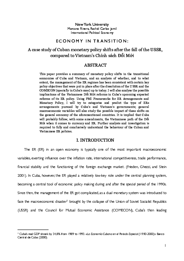 (PDF) Economy in Transition: A case study of Cuban monetary policy ...