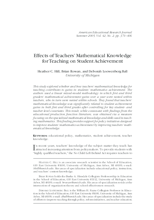 (PDF) Effects of teachers' mathematical knowledge for teaching on ...