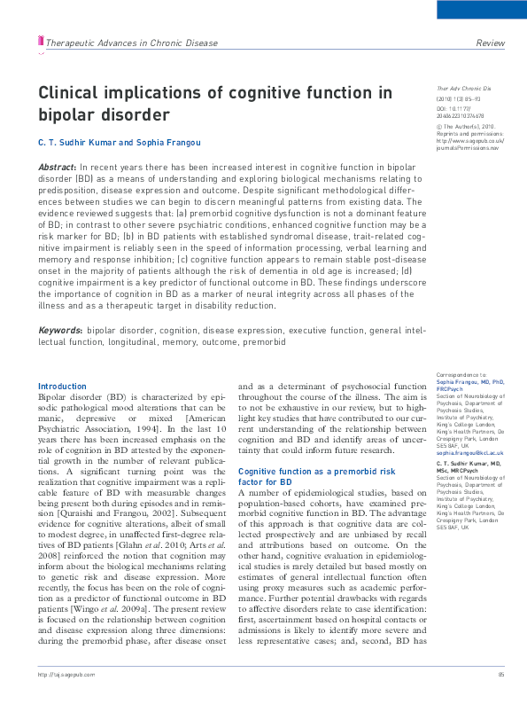 (PDF) Clinical implications of cognitive function in bipolar disorder