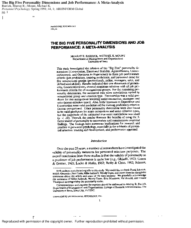 (PDF) The big five personality dimensions and job performance: a meta ...