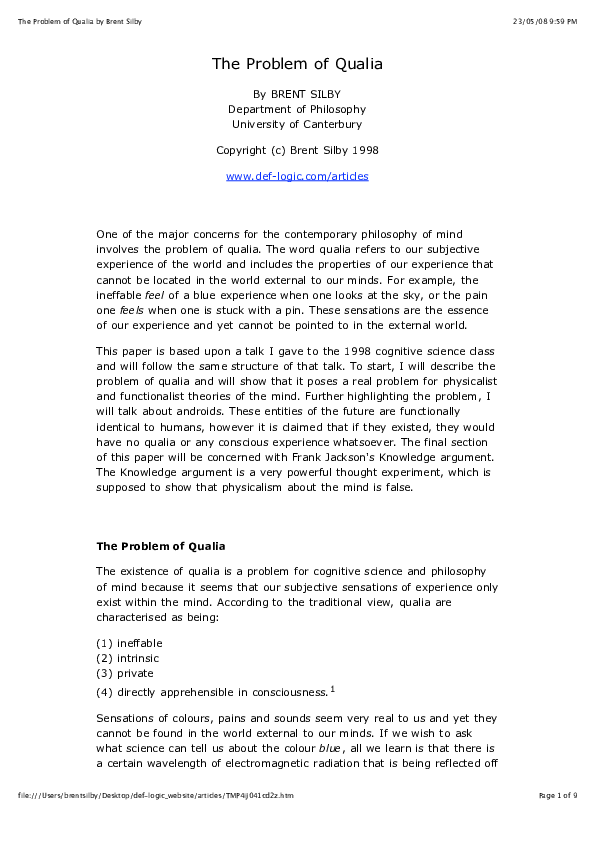 (PDF) The Problem of Qualia Brent Silby Academia.edu