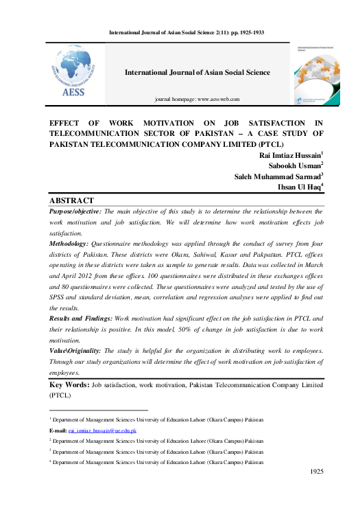 (PDF) Effect of Work motivation on Job Satisfaction