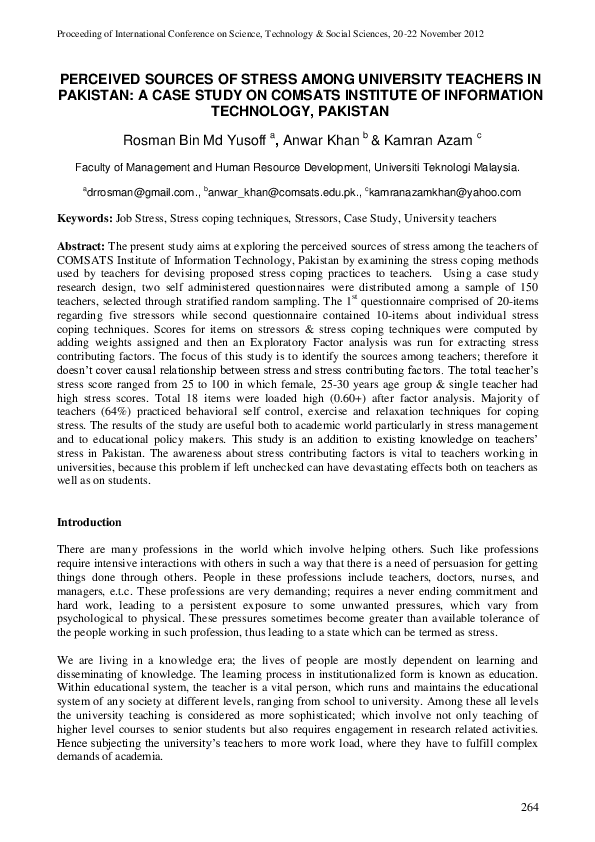 (PDF) PERCEIVED SOURCES OF STRESS AMONG UNIVERSITY TEACHERS IN PAKISTAN ...