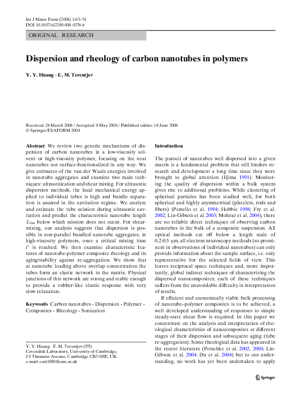 (PDF) Dispersion and rheology of carbon nanotubes in polymers