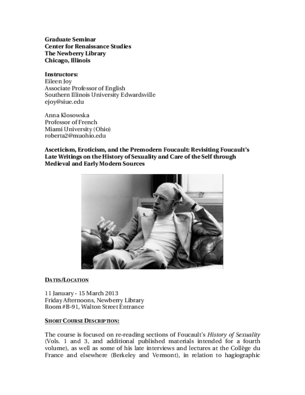 Asceticism, Eroticism, and the Premodern Foucault: Revisiting Foucault’s Late Writings on the History of Sexuality and Care of the Self through Medieval and Early Modern Sources