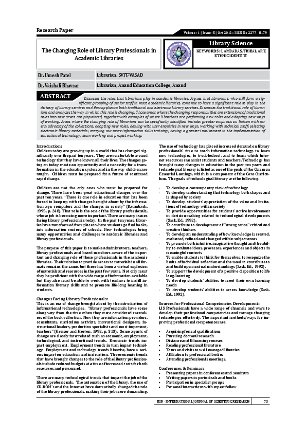 (PDF) The Changing Role of Library Professionals in Academic Libraries
