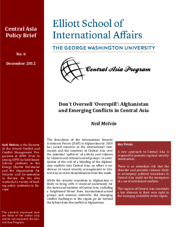 First page of “Don't Oversell ‘Overspill’: Afghanistan and Emerging Conflicts in Central Asia”