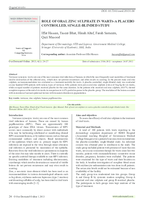 (PDF) Role of oral zinc sulphate in wartsa placebo controlled,single