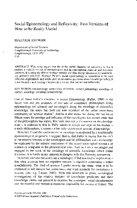 (PDF) Social epistemology and reflexivity: Two versions of how to be ...