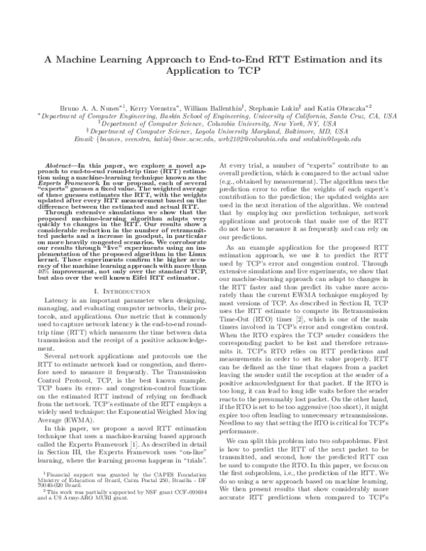 (PDF) A Machine Learning Approach to End-to-End RTT Estimation and its ...