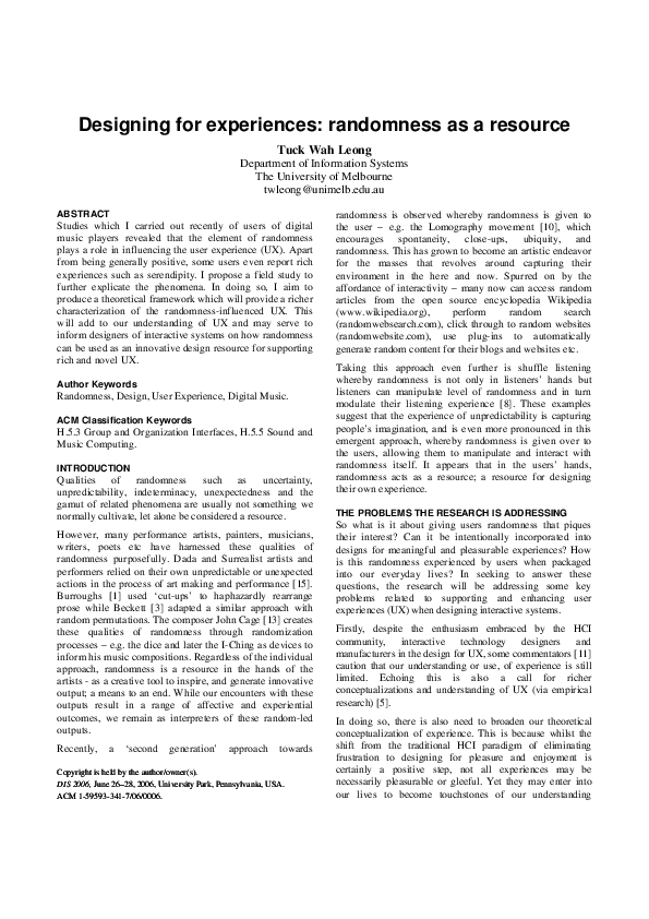 (PDF) Designing for experiences: randomness as a resource