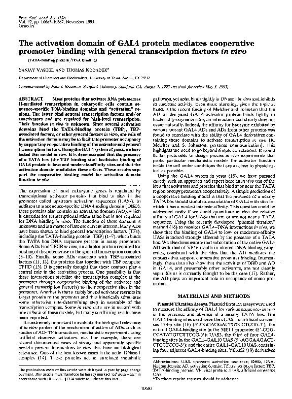 (PDF) The activation domain of GAL4 protein mediates cooperative ...