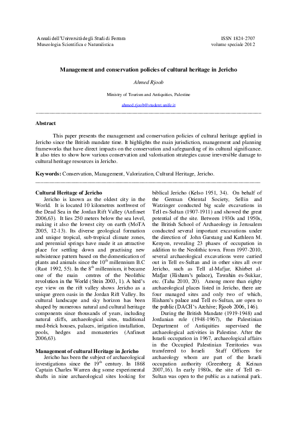 (PDF) Management and conservation policies of cultural heritage in Jericho