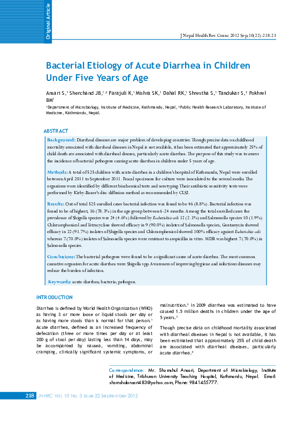 (PDF) Bacterial Etiology of Acute Diarrhea in Children Under Five Years ...