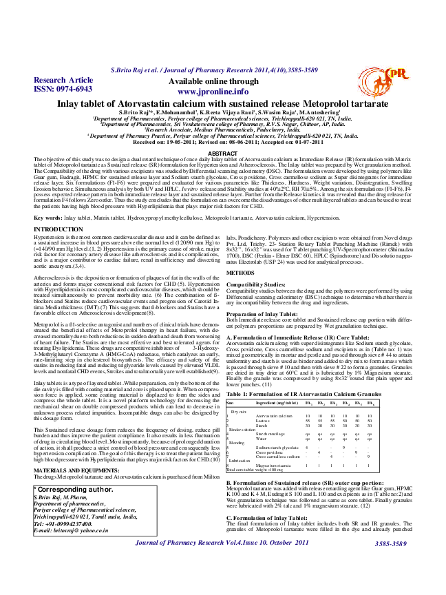 (PDF) Inlay tablet of Atorvastatin calcium with sustained release