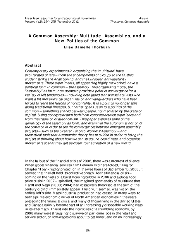 (PDF) A Common Assembly Multitude, Assemblies, and a New Politics of the Common Elise